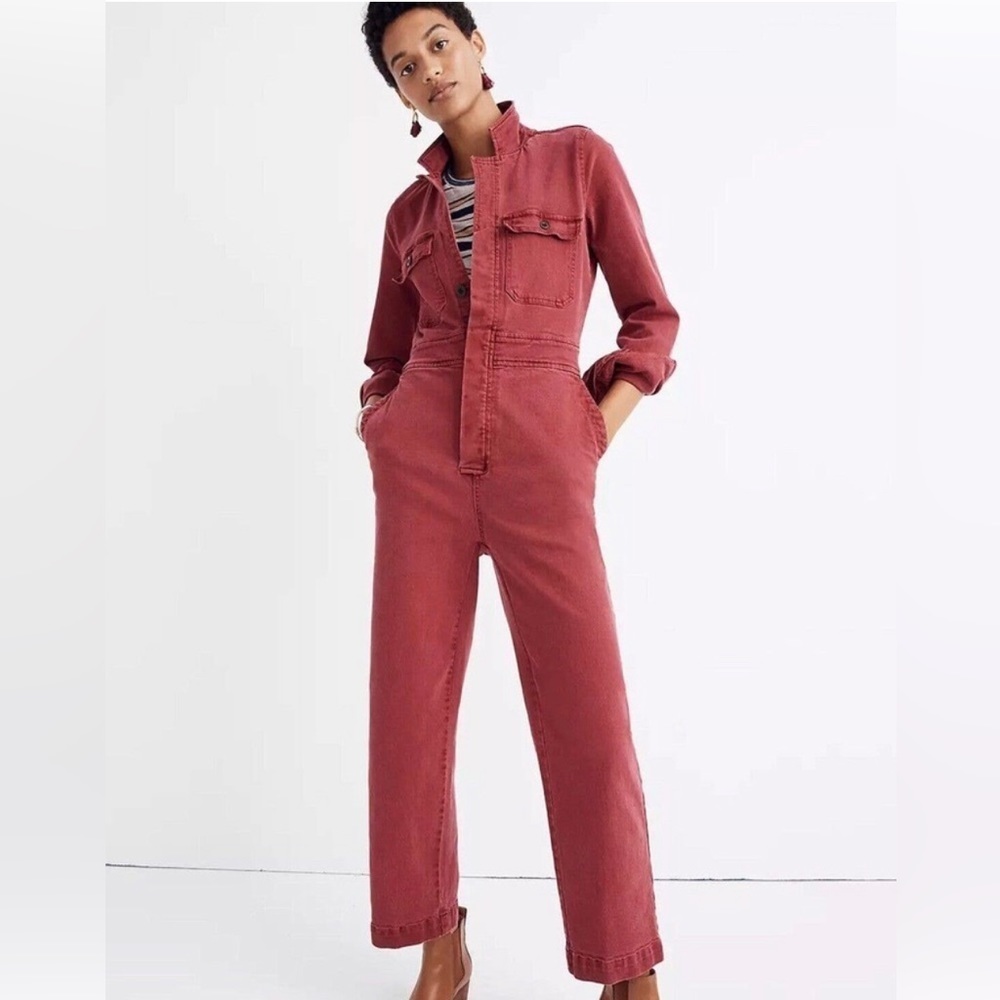 Madewell burgundy dyed denim straight leg overall long sleeve jumpsuit